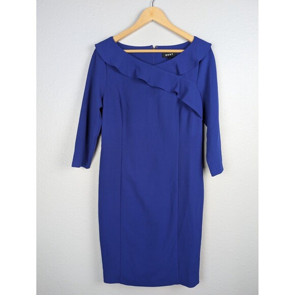 DKNY Dress Womens 12 Sheath Asymmetric Ruffle Knee Length 3/4 Sleeve Elegant - Picture 1 of 7